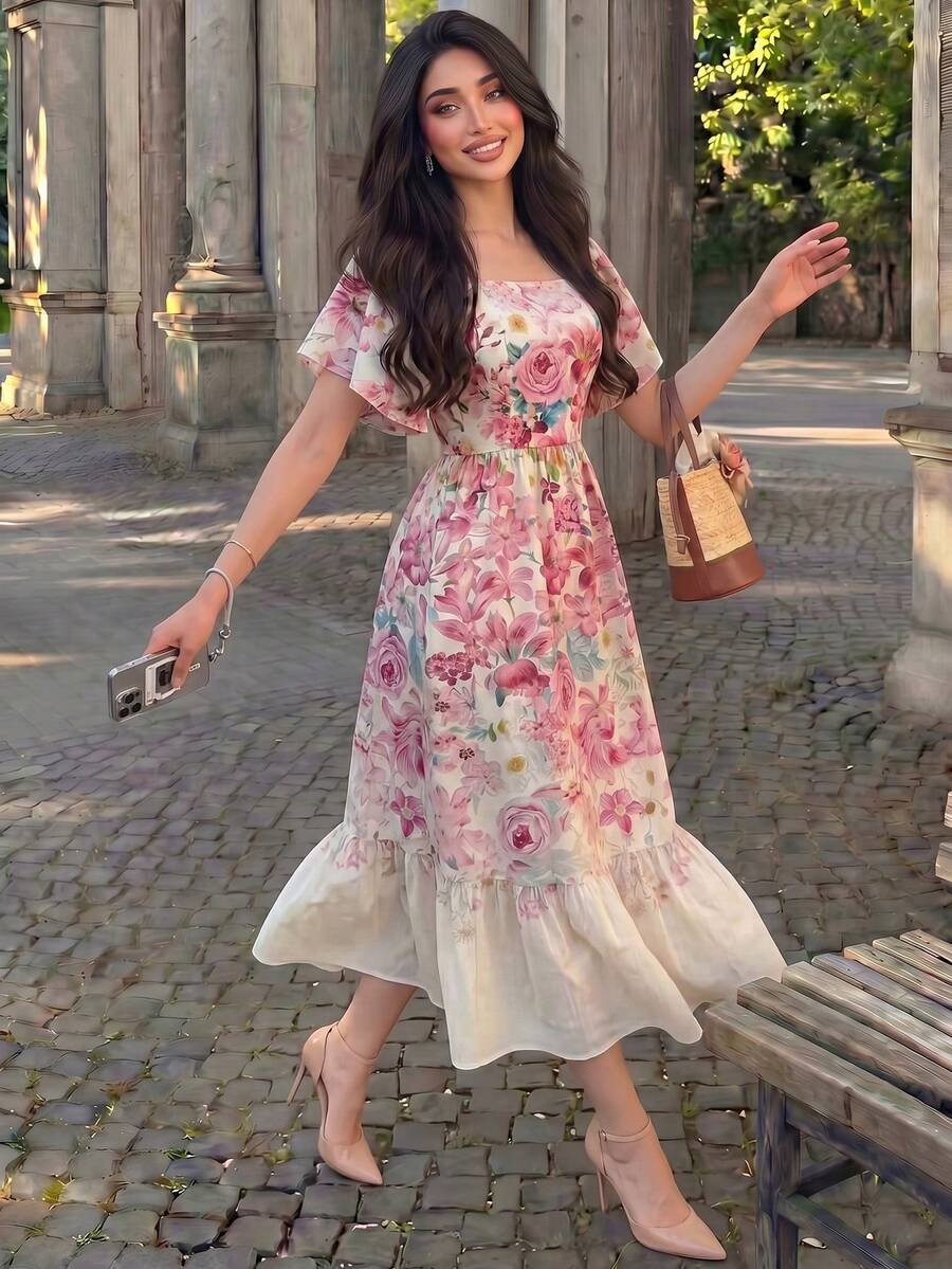 SHEIN Modelyn فستان وردي منسوج رقمي وخصر بفتحة تهوية