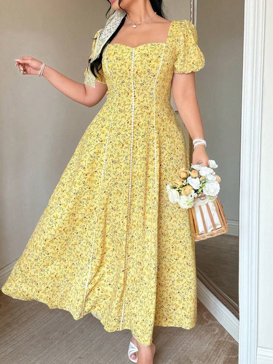 SHEIN FleurLily فستان أصفر بطبعة زهور صغيرة بياقة مربعة وأكمام منتفخة وخصر مشدود