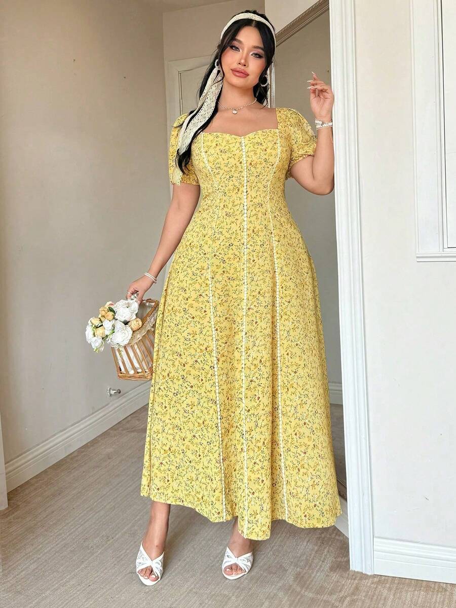 SHEIN FleurLily فستان أصفر بطبعة زهور صغيرة بياقة مربعة وأكمام منتفخة وخصر مشدود