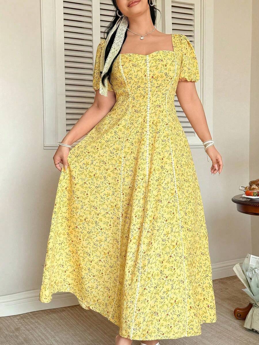 SHEIN FleurLily فستان أصفر بطبعة زهور صغيرة بياقة مربعة وأكمام منتفخة وخصر مشدود
