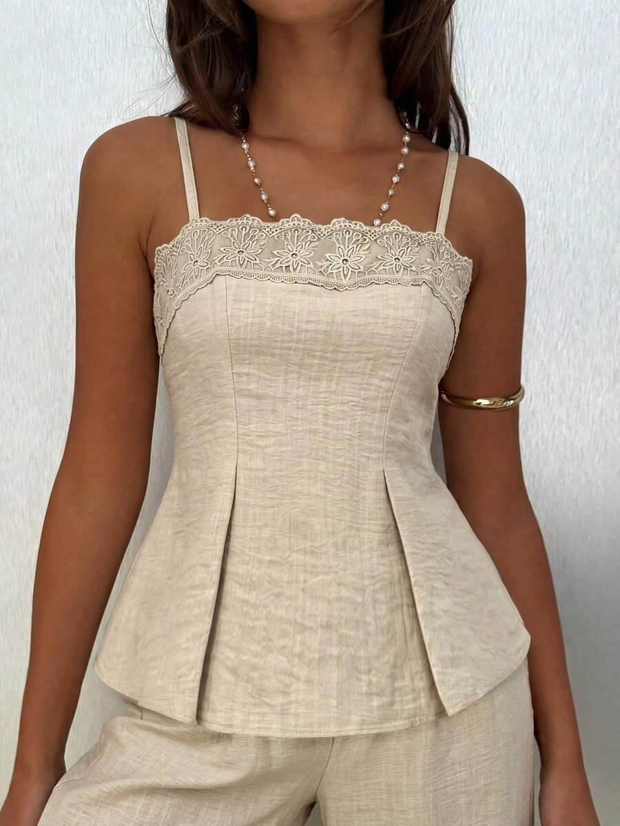 SHEIN Siren Gaze طقم نسائي قطعتين كامي مطرز وبنطال