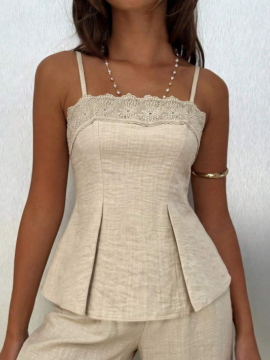 SHEIN Siren Gaze طقم نسائي قطعتين كامي مطرز وبنطال