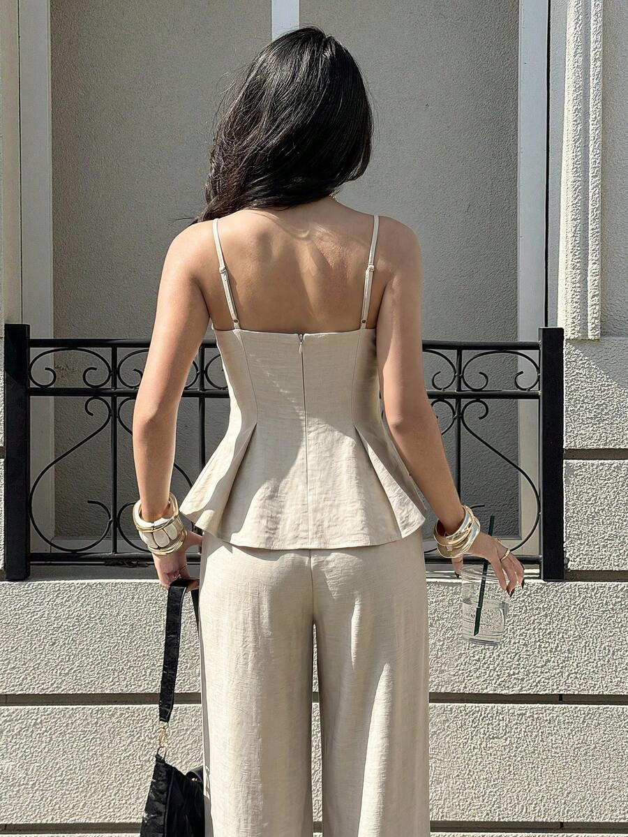 SHEIN Siren Gaze طقم نسائي قطعتين كامي مطرز وبنطال
