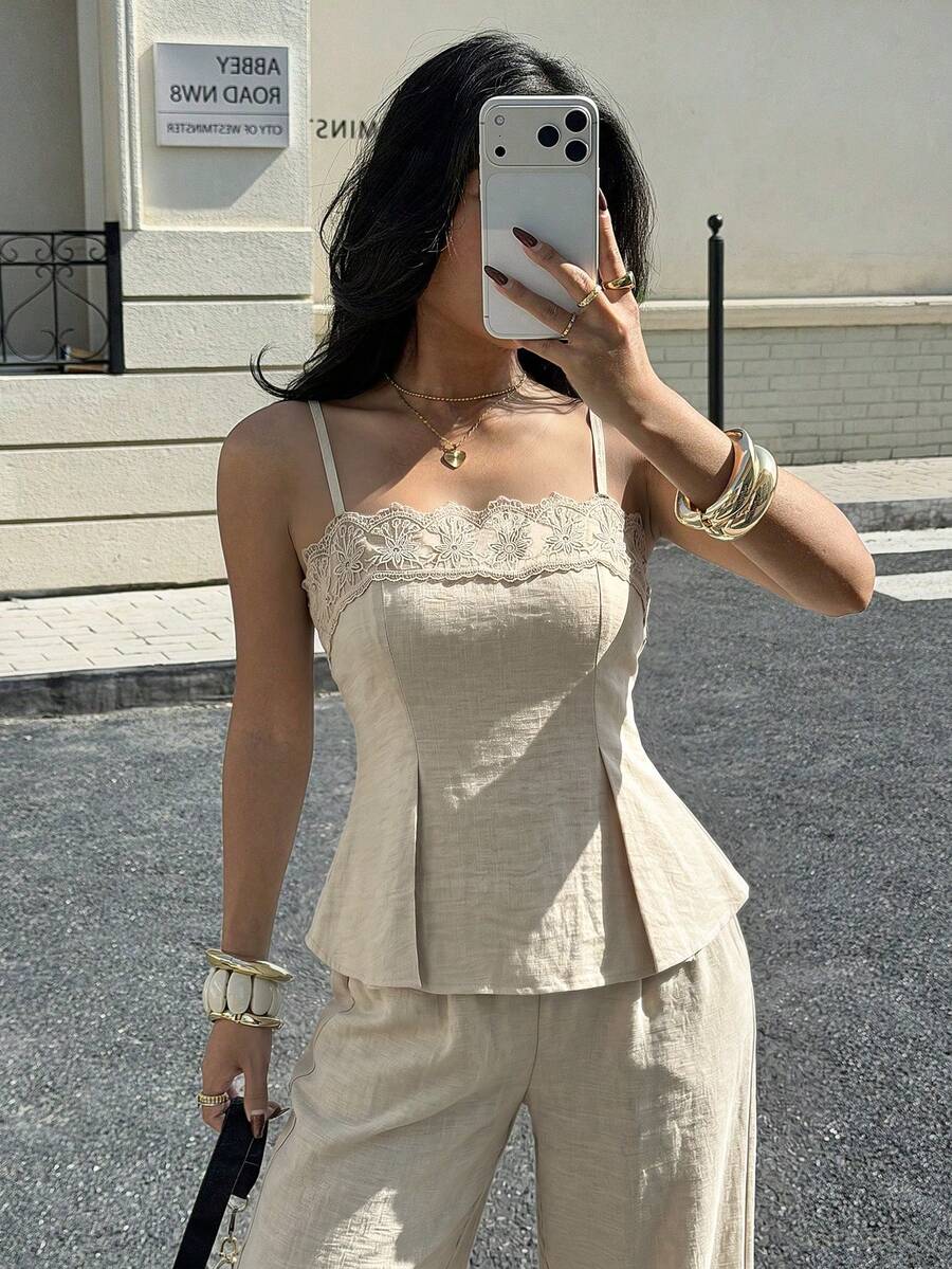 SHEIN Siren Gaze طقم نسائي قطعتين كامي مطرز وبنطال