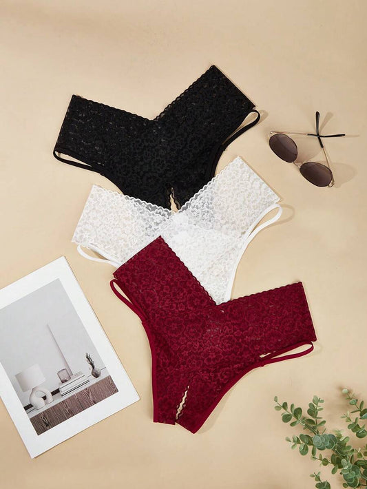 SHEIN Spicy Aura طقم سراويل داخلية 3 قطع من الدانتيل بتصميم مفتوح