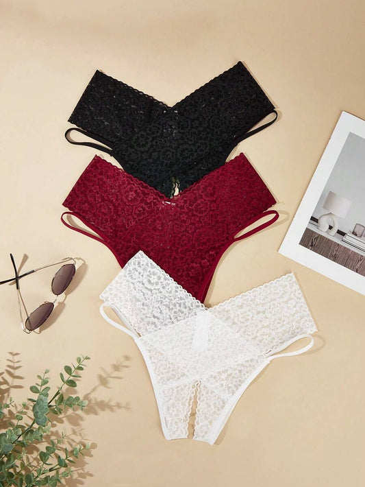 SHEIN Spicy Aura طقم سراويل داخلية 3 قطع من الدانتيل بتصميم مفتوح