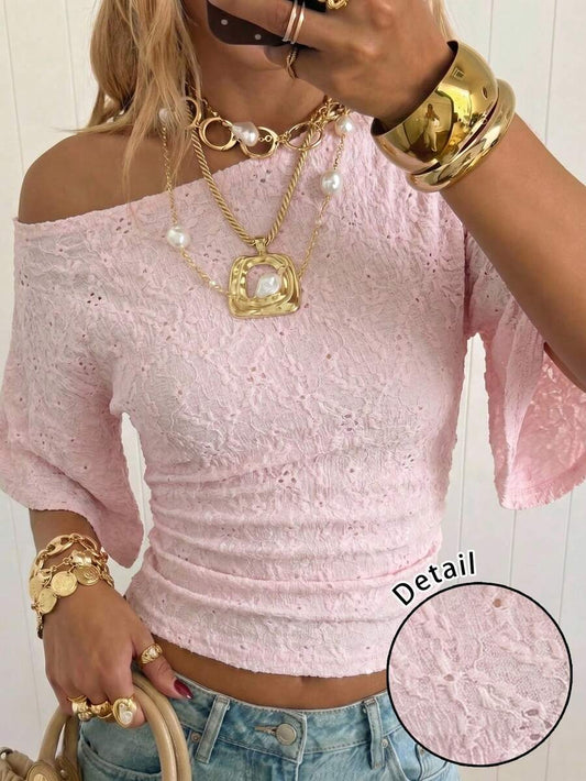 SHEIN EZwear تي شيرت قصير بأكمام خفافيش ونسيج بارز بلون وردي فاتح