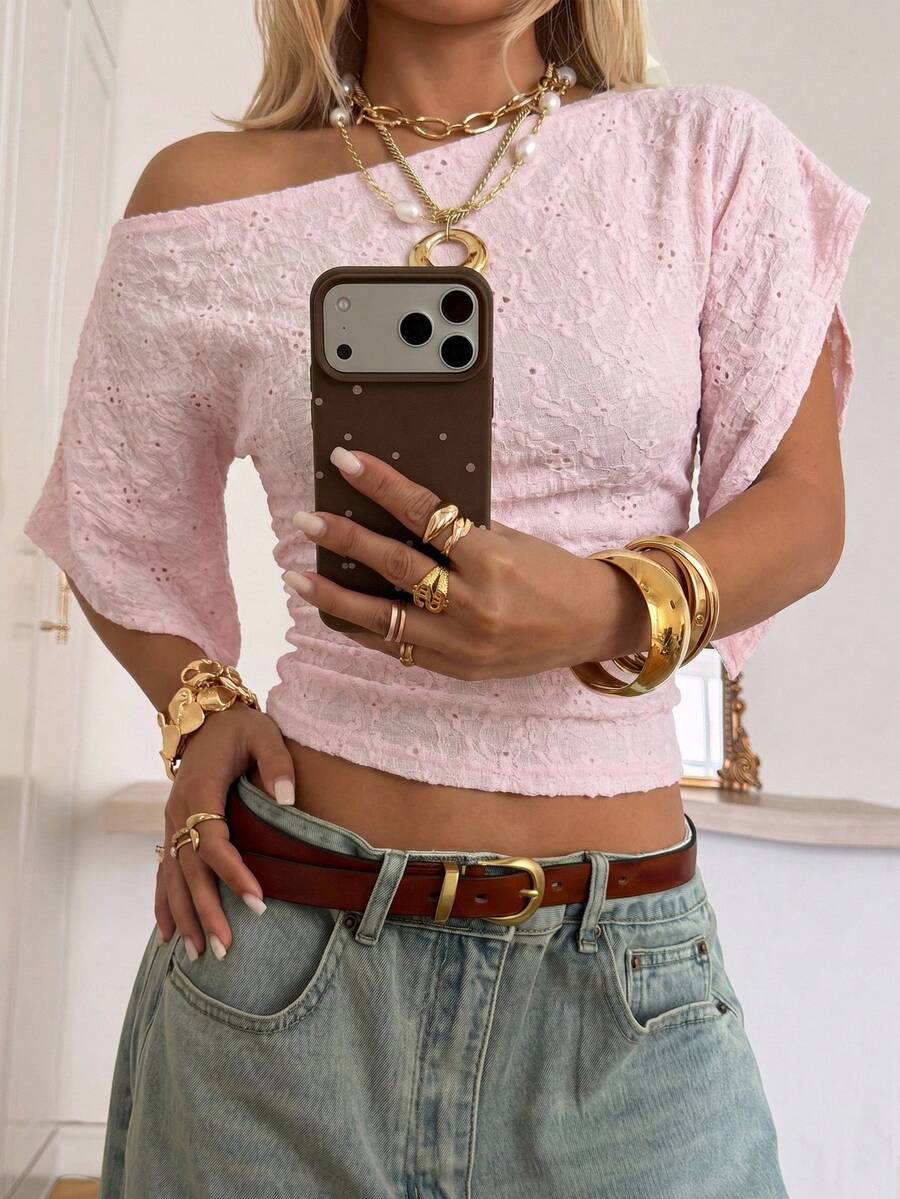 SHEIN EZwear تي شيرت قصير بأكمام خفافيش ونسيج بارز بلون وردي فاتح