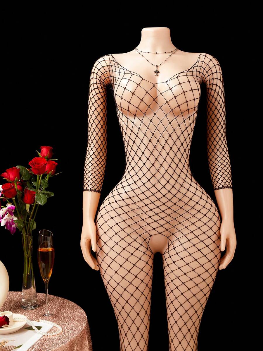 SHEIN ChaseTheNight بودي ستوكينج شبكي بدون كروتش عالي المرونة