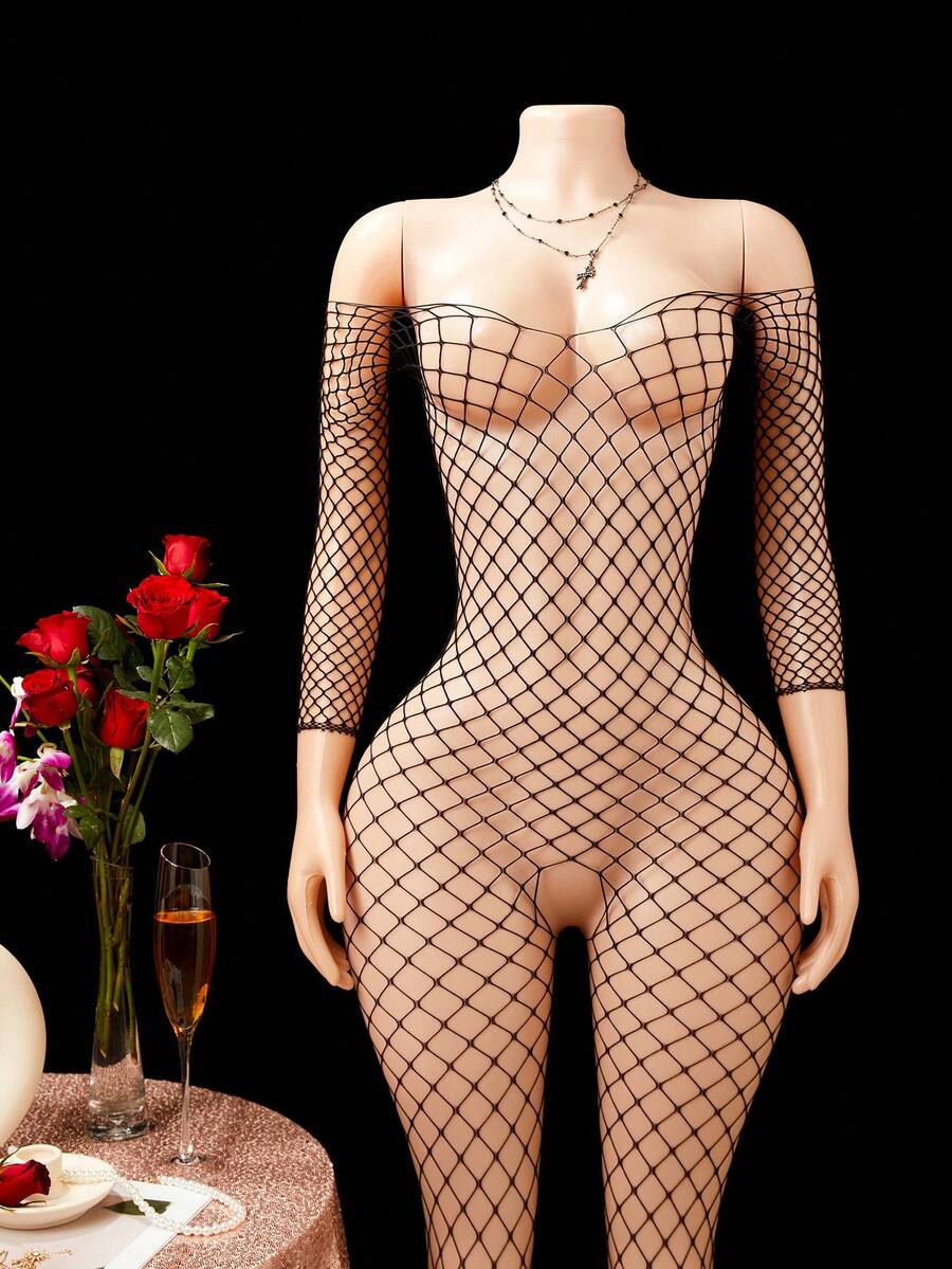SHEIN ChaseTheNight بودي ستوكينج شبكي بدون كروتش عالي المرونة