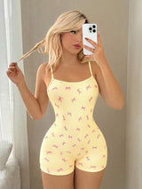 SHEIN Sweetina رومبير كاميسول أصفر مخطط بطبعة فيونكة وظهر مكشوف