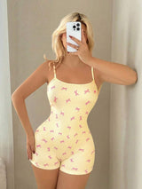 SHEIN Sweetina رومبير كاميسول أصفر مخطط بطبعة فيونكة وظهر مكشوف