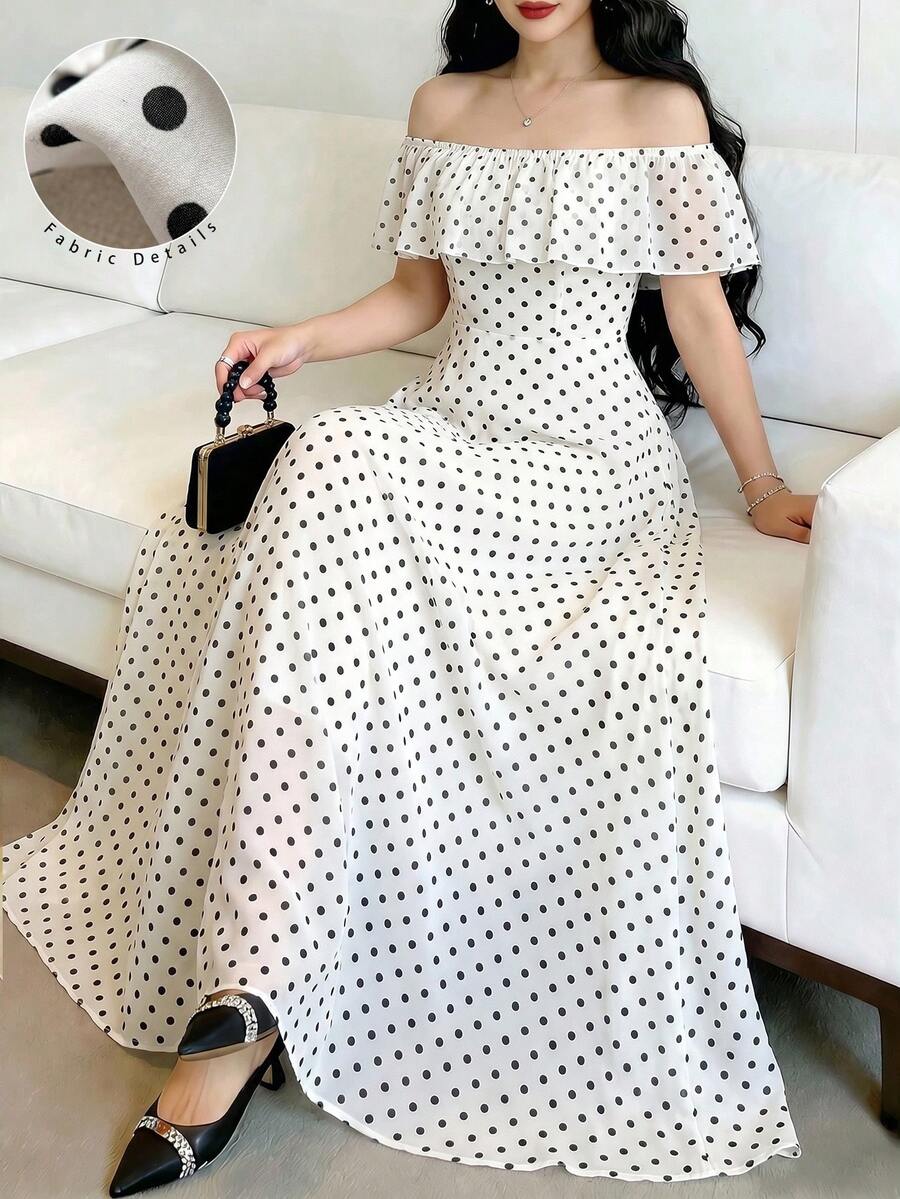 SHEIN MODELYN فستان أنيق بخصر مربوط ونقشة نقاط بولكا