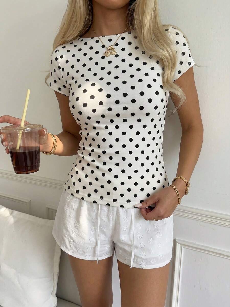 SHEIN CovetEZ تي شيرت نسائي قطني مخطط بأكمام قصيرة