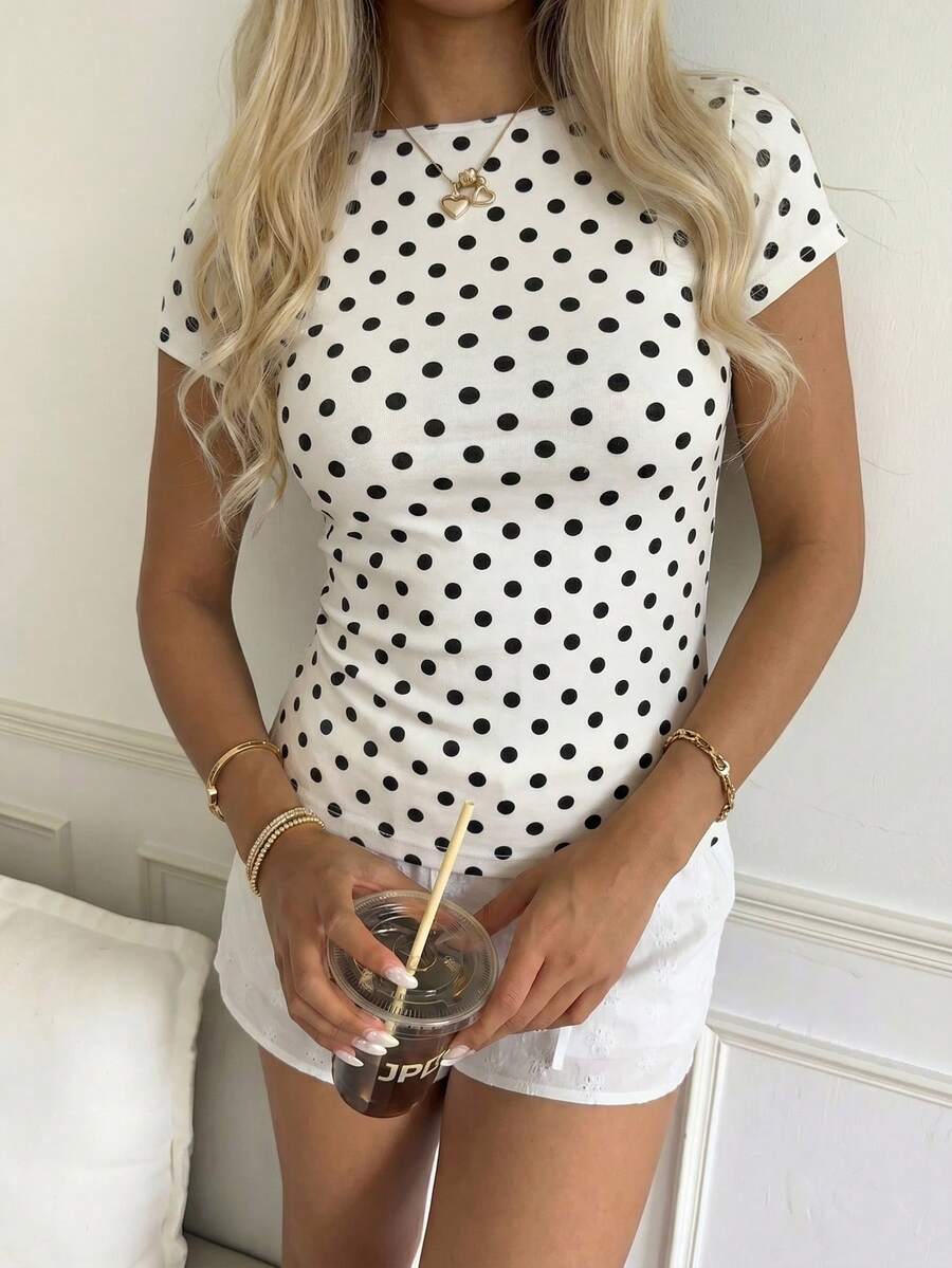 SHEIN CovetEZ تي شيرت نسائي قطني مخطط بأكمام قصيرة