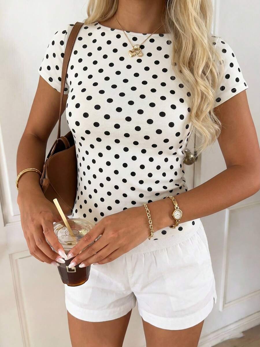 SHEIN CovetEZ تي شيرت نسائي قطني مخطط بأكمام قصيرة