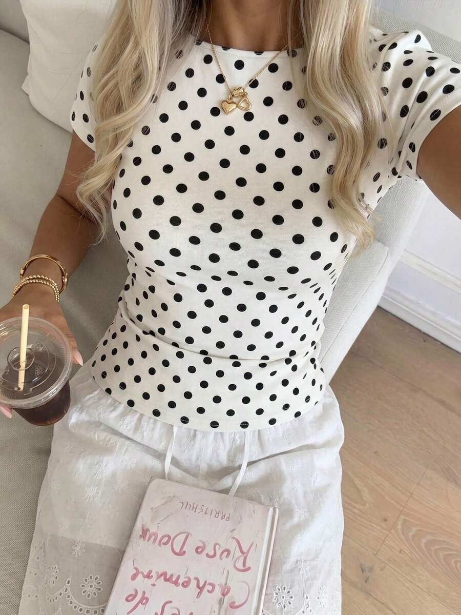 SHEIN CovetEZ تي شيرت نسائي قطني مخطط بأكمام قصيرة