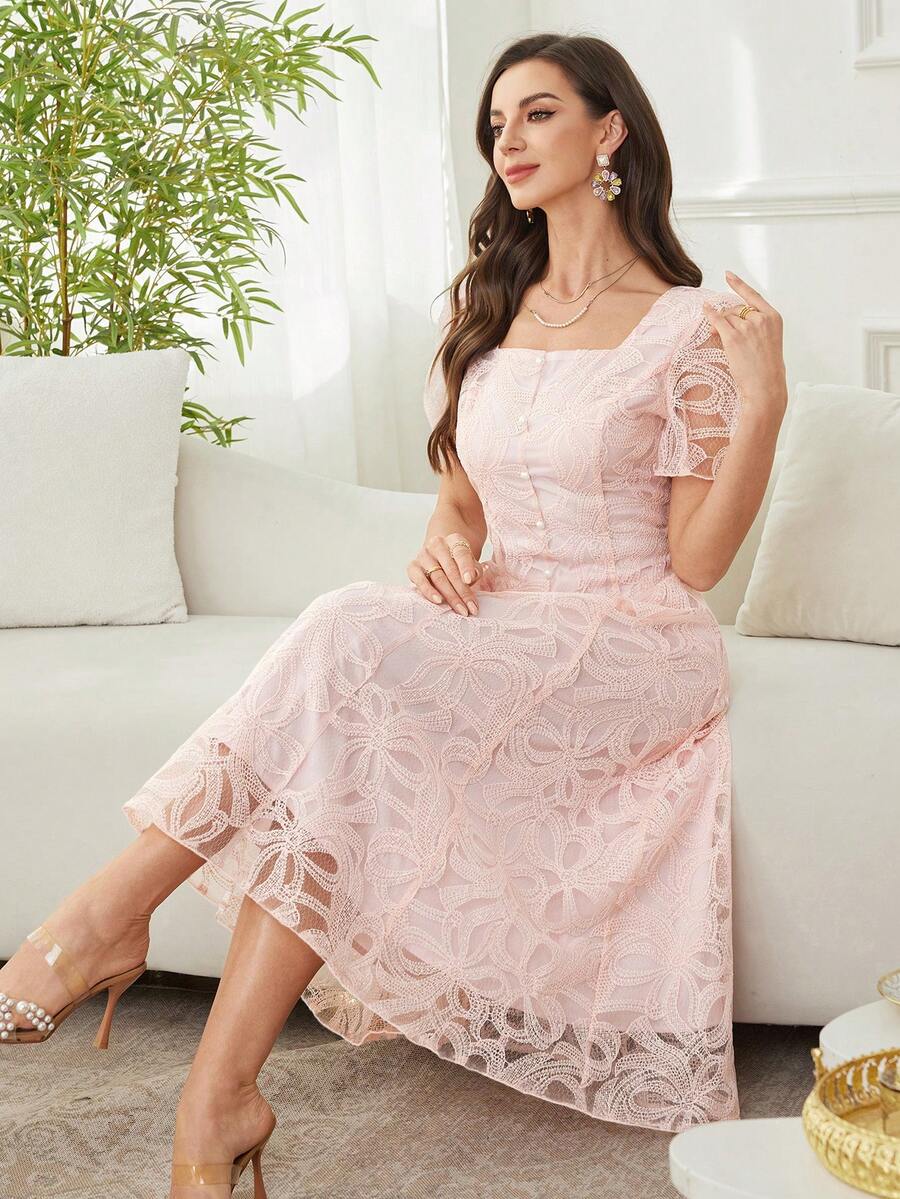 SHEIN Modelyn فستان وردي مزين بالدانتيل الفرنسي بخصر مشدود