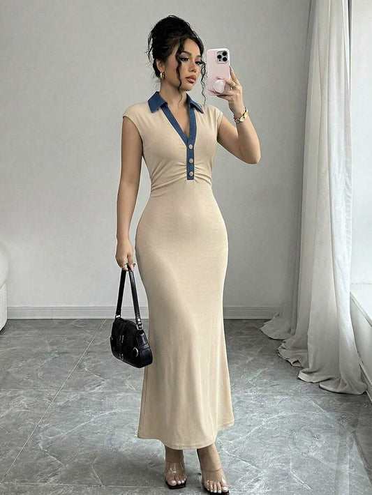 SHEIN Selianne فستان جينز مرقع بياقة قميص وكشكشة خصر بأكمام كتف