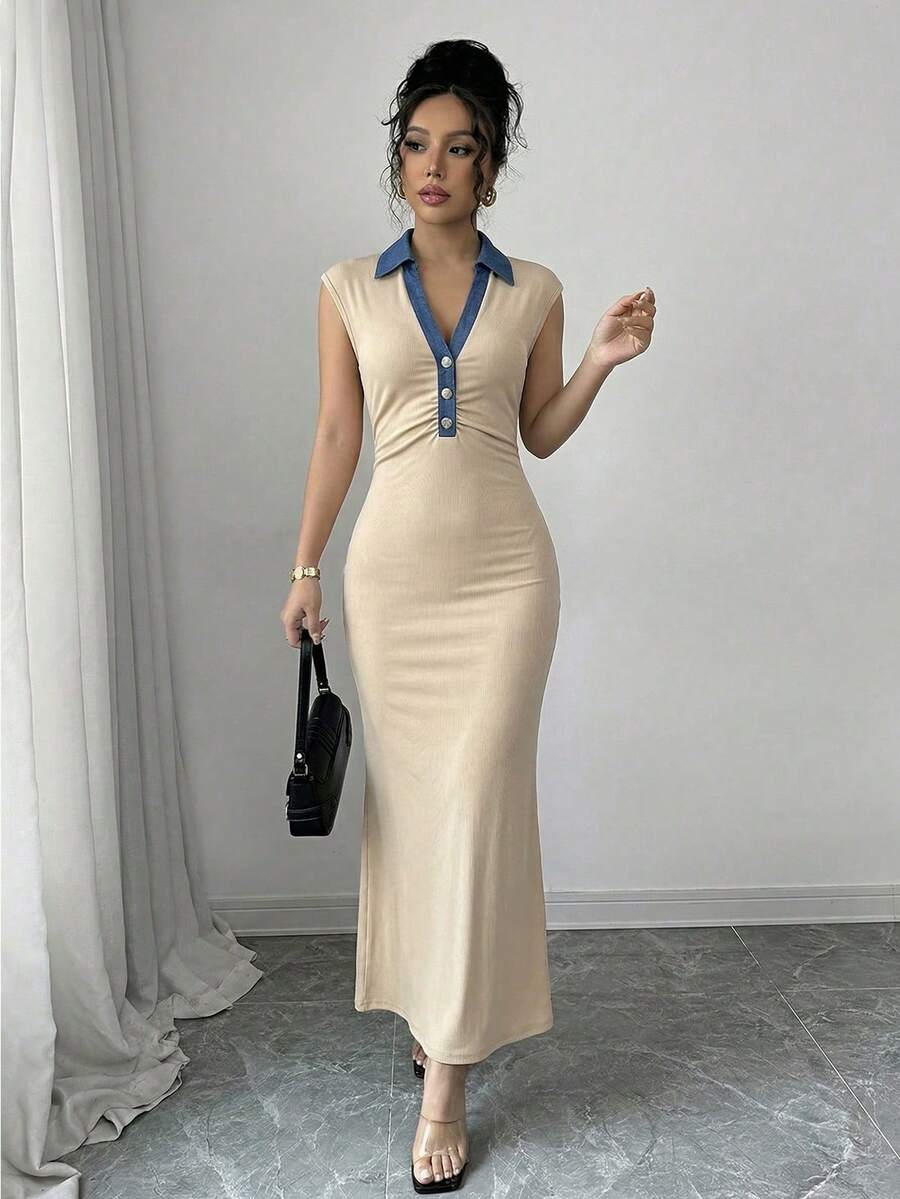 SHEIN Selianne فستان جينز مرقع بياقة قميص وكشكشة خصر بأكمام كتف