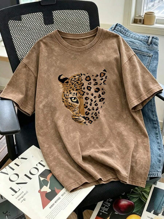 SHEIN تي شيرت نسائي بني بطبعة وجه نمر بتأثير تاي داي