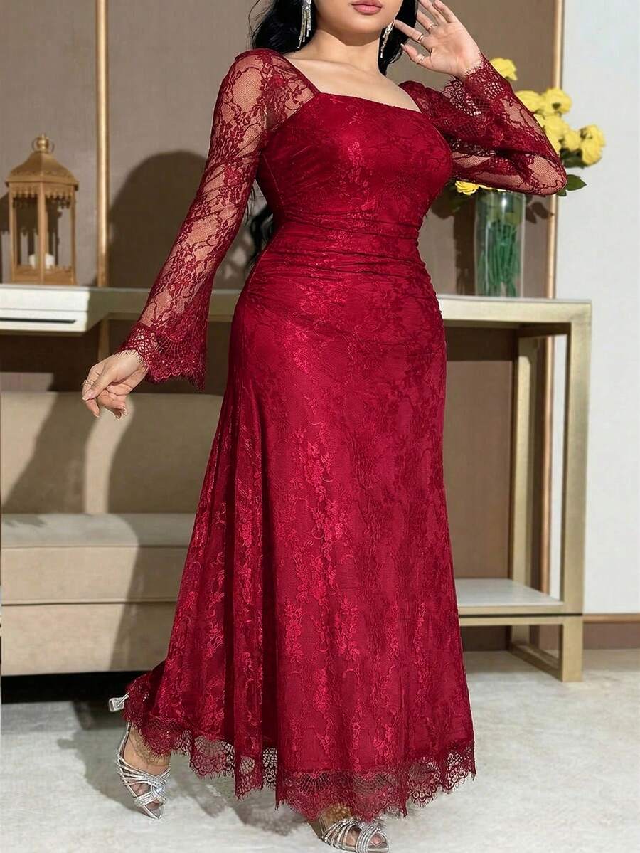 SHEIN Feyla فستان عنابي للمقاسات الكبيرة بأكمام واسعة من الدانتيل