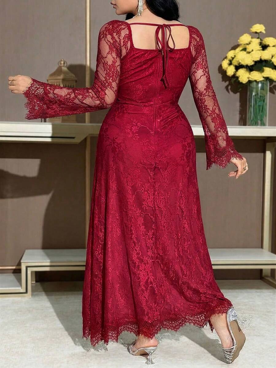 SHEIN Feyla فستان عنابي للمقاسات الكبيرة بأكمام واسعة من الدانتيل
