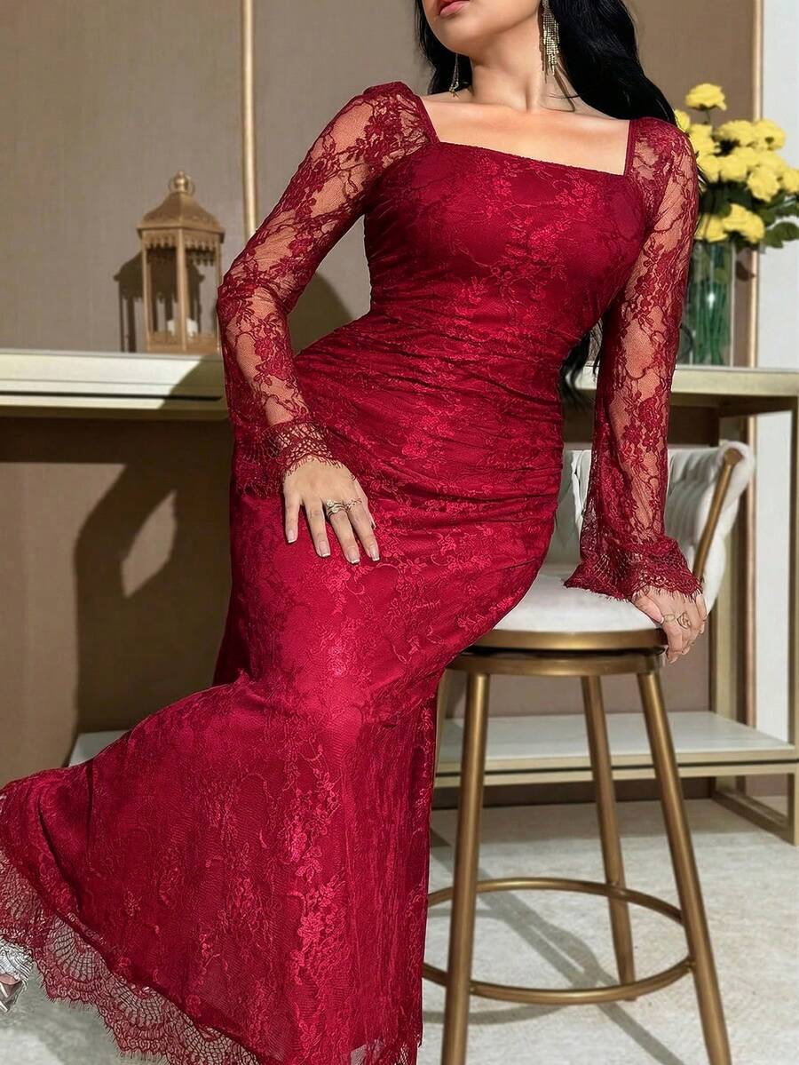SHEIN Feyla فستان عنابي للمقاسات الكبيرة بأكمام واسعة من الدانتيل