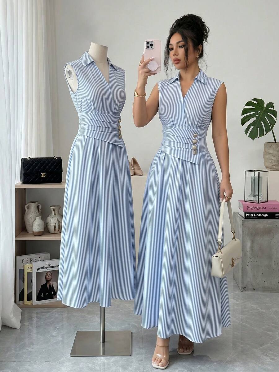 SHEIN ELENZGA فستان طويل مخطط بدون أكمام وخصر مشدود