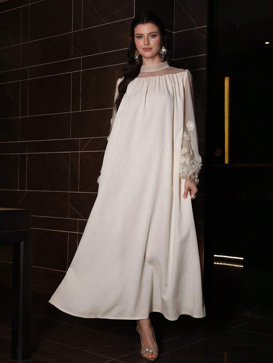 SHEIN Najma فستان عربي بياقة دائرية وأكمام واسعة بتفاصيل شبكية