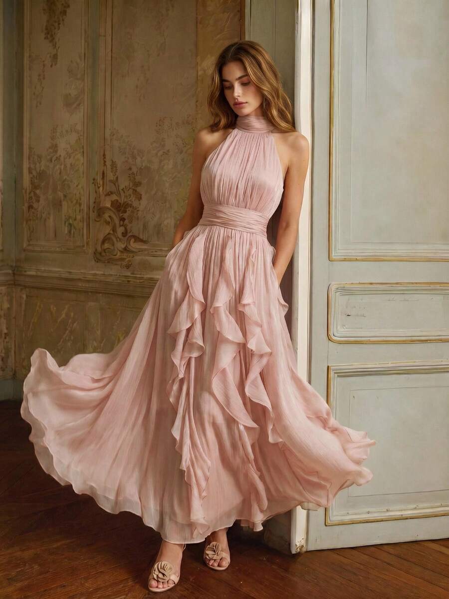 SHEIN Anewsta فستان وردي طويل بدون أكمام بياقة عالية وخصر مطوي