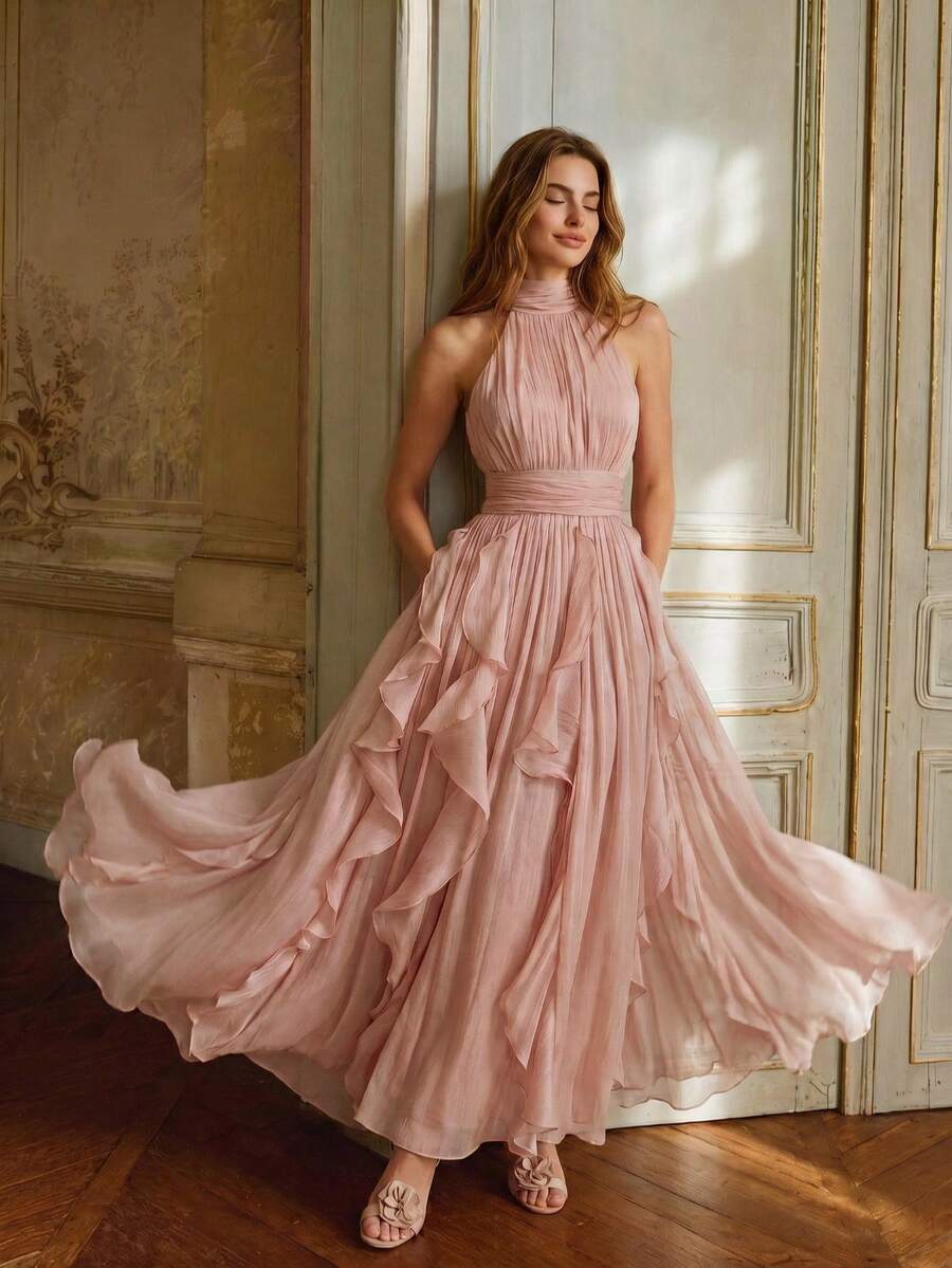 SHEIN Anewsta فستان وردي طويل بدون أكمام بياقة عالية وخصر مطوي