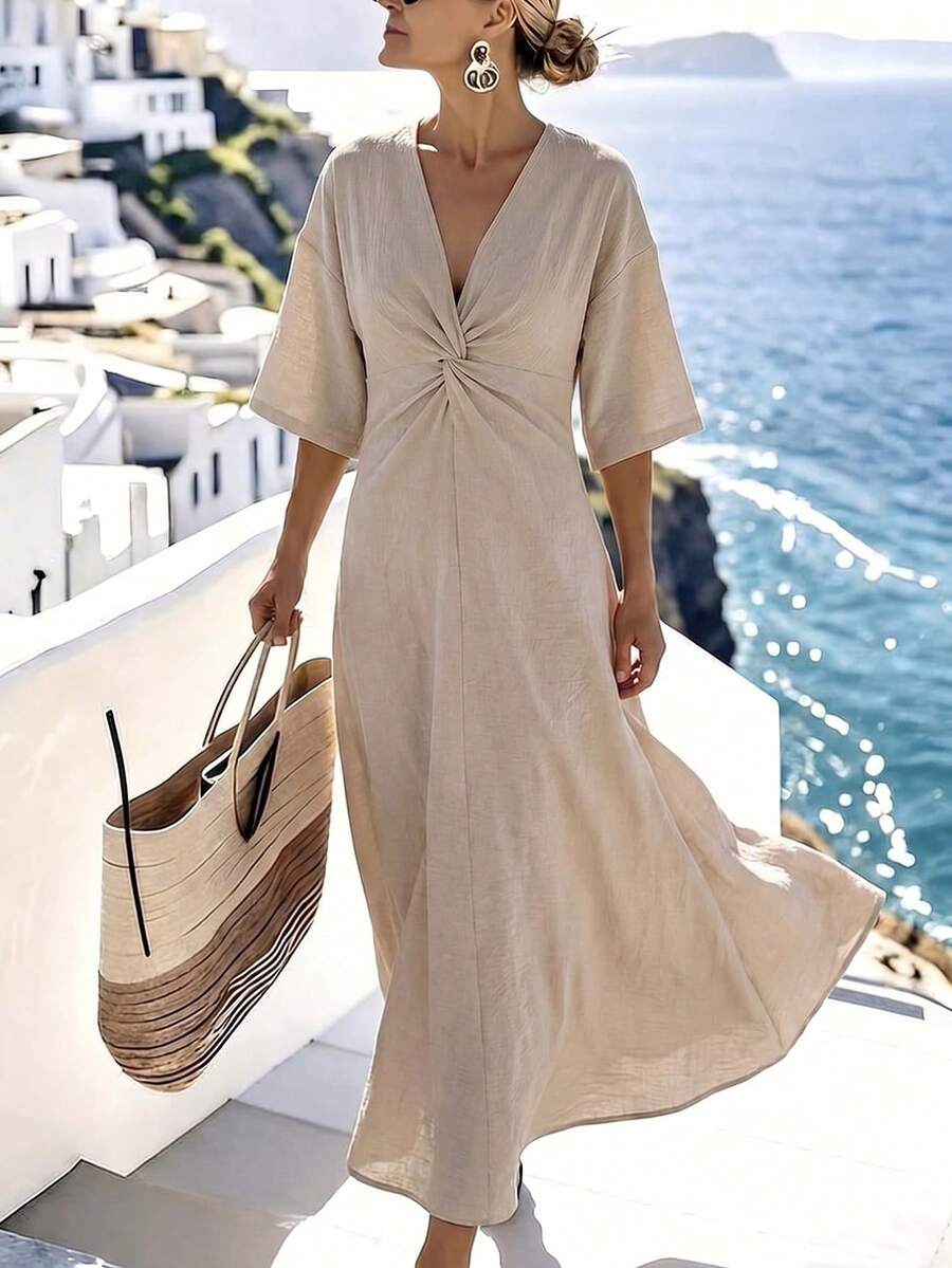 SHEIN Breezaya فستان ماكسي سادة بتصميم مجدول أنيق