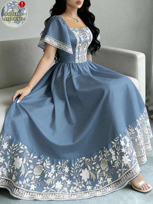 SHEIN Modelyn فستان متوسط الطول بياقة مربعة بطبعة زهور بخصر مشدود