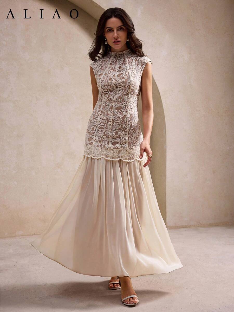 SHEIN Aliao فستان مطرز بنقشة بيزلي مع تفاصيل شبكية شفافة بلون مشمشي