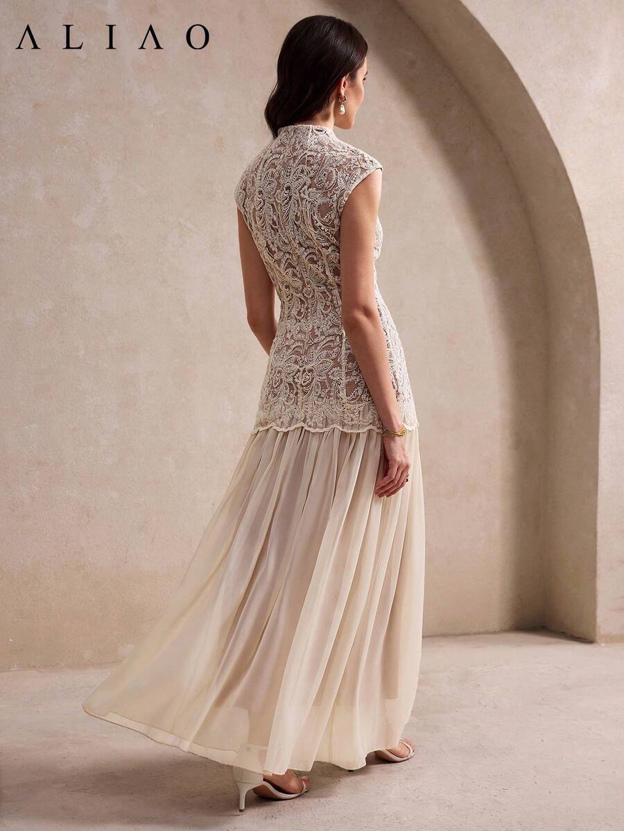 SHEIN Aliao فستان مطرز بنقشة بيزلي مع تفاصيل شبكية شفافة بلون مشمشي