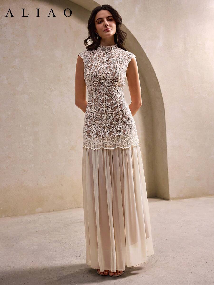 SHEIN Aliao فستان مطرز بنقشة بيزلي مع تفاصيل شبكية شفافة بلون مشمشي