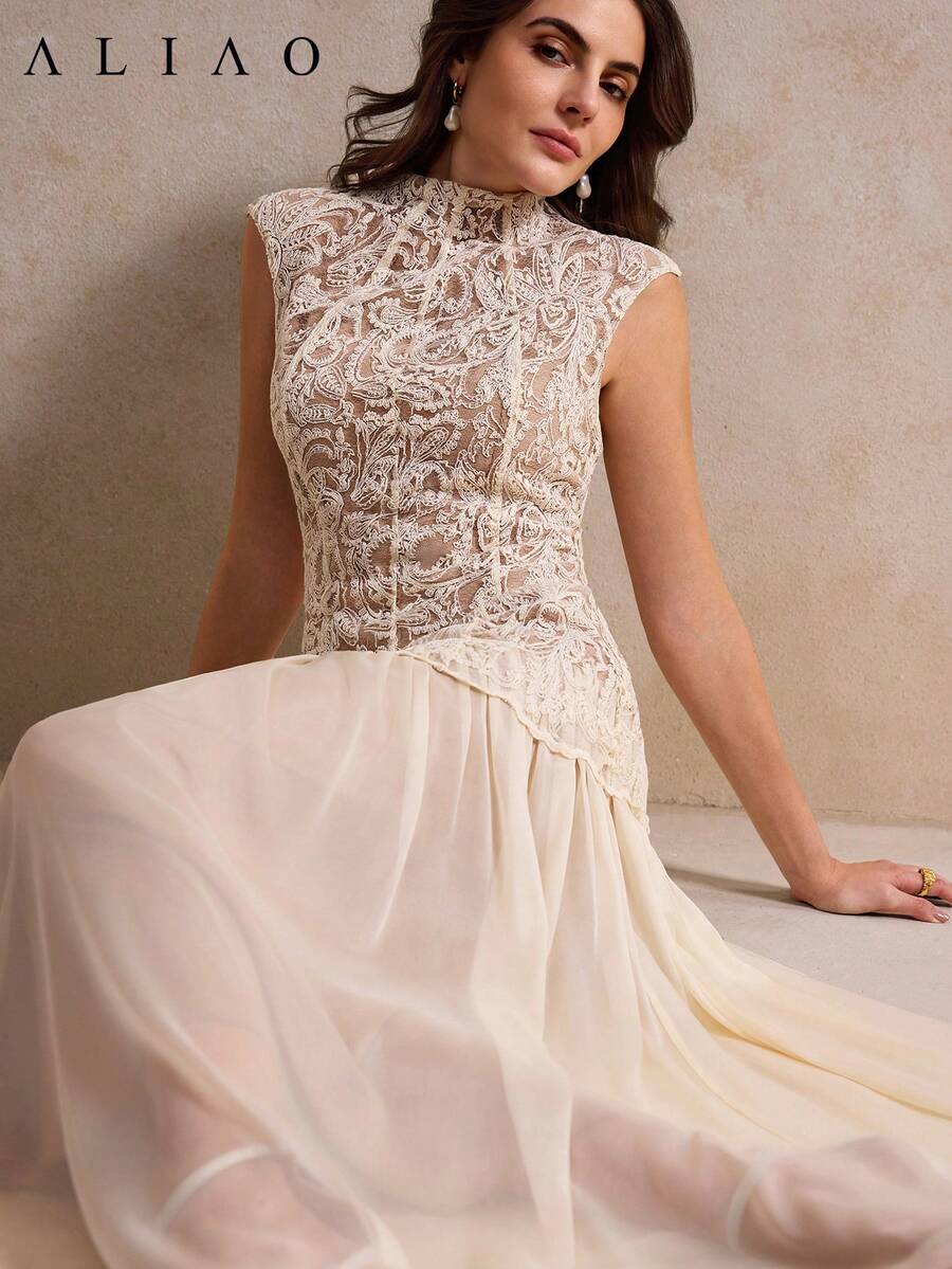SHEIN Aliao فستان مطرز بنقشة بيزلي مع تفاصيل شبكية شفافة بلون مشمشي
