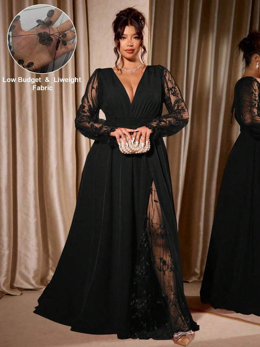 SHEIN Cravure فستان أسود للمقاسات الكبيرة من الدانتيل بأكمام طويلة وشق عالي