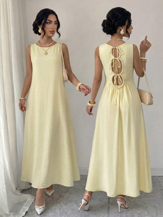 SHEIN ELENZGA فستان أصفر فاتح بدون أكمام بعقدة فراشة وتنورة واسعة