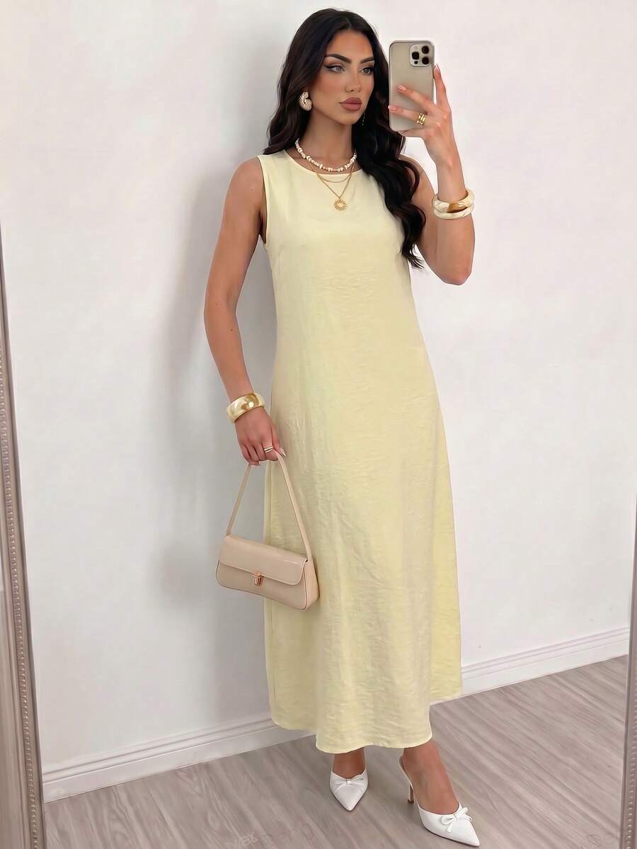 SHEIN ELENZGA فستان أصفر فاتح بدون أكمام بعقدة فراشة وتنورة واسعة