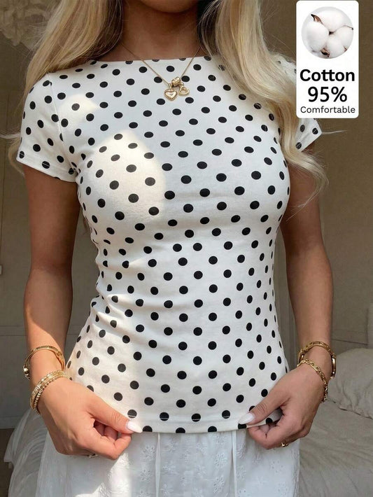 SHEIN CovetEZ تي شيرت نسائي قطني مخطط بأكمام قصيرة