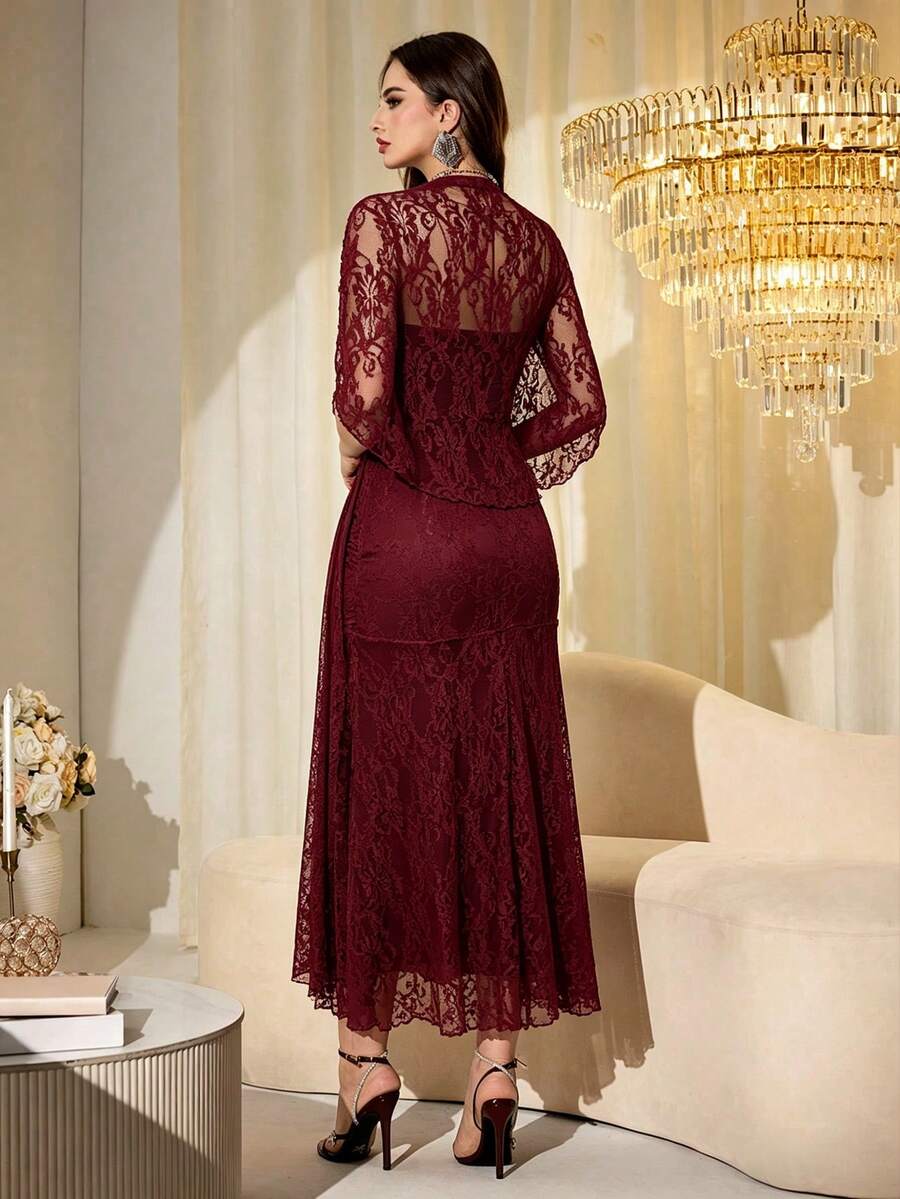 SHEIN Modelyn فستان عنابي طويل بأكمام شالية شفافة لامعة
