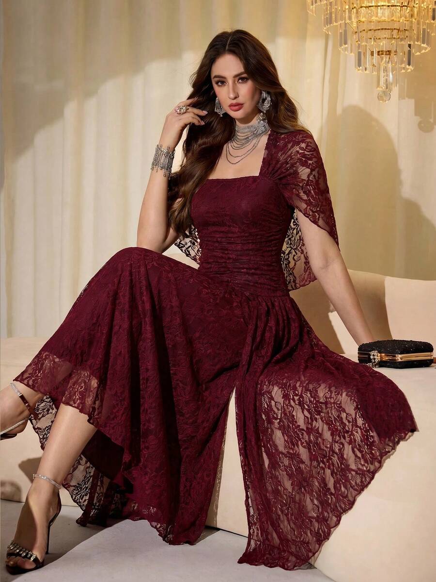 SHEIN Modelyn فستان عنابي طويل بأكمام شالية شفافة لامعة