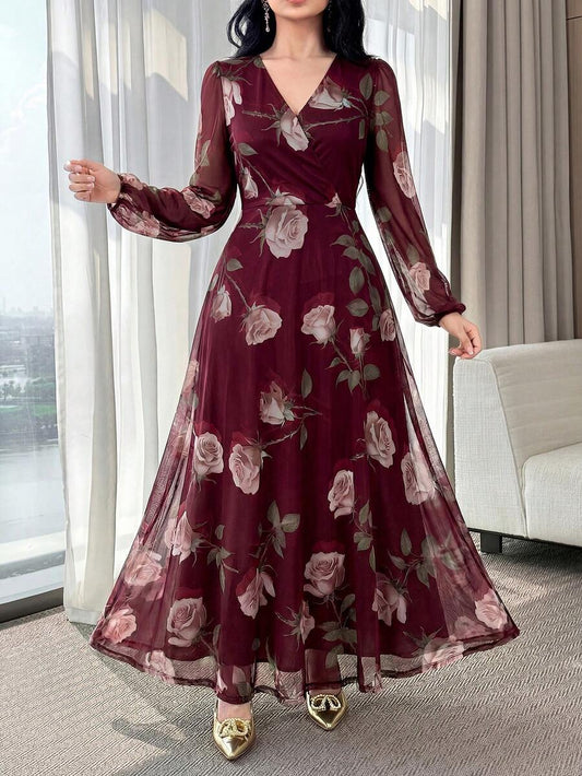SHEIN فستان عنابي أنيق بخصر مشدود جذاب
