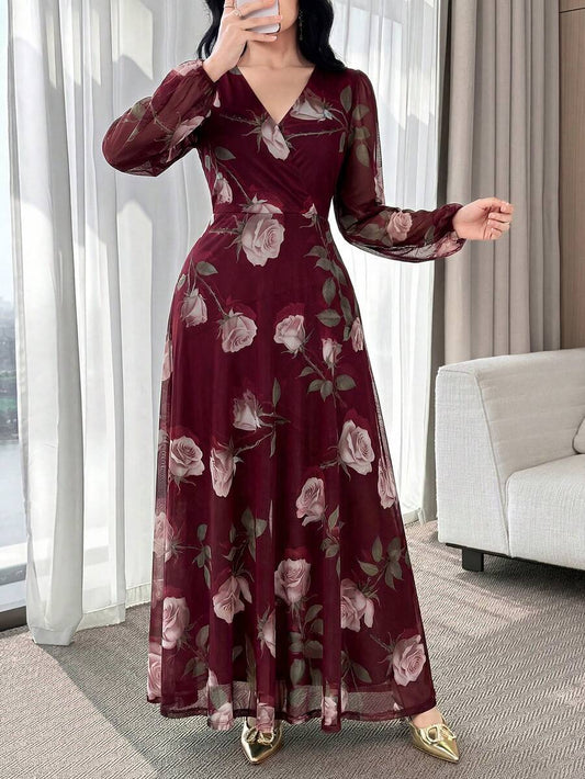 SHEIN فستان عنابي أنيق بخصر مشدود جذاب