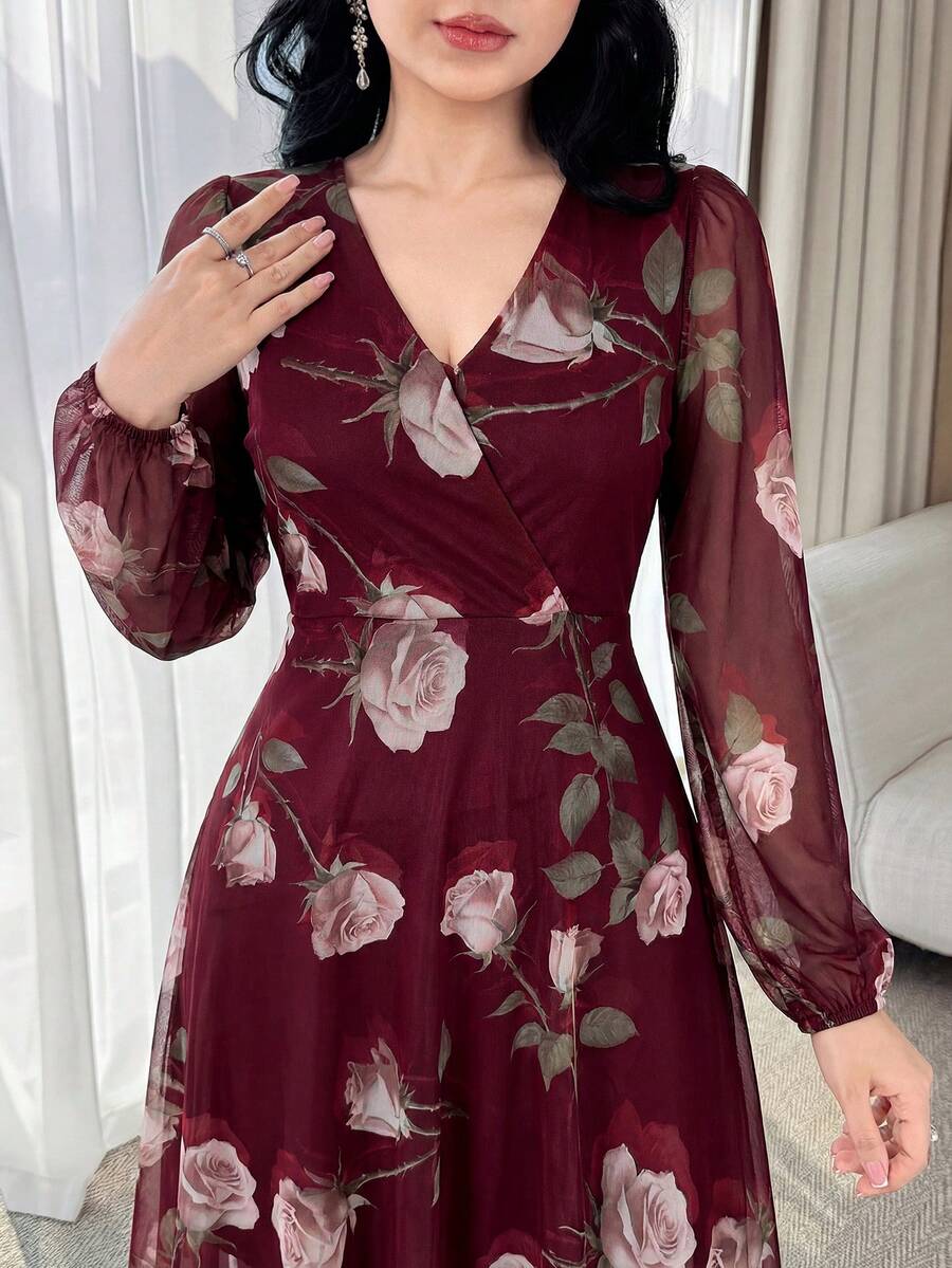 SHEIN فستان عنابي أنيق بخصر مشدود جذاب