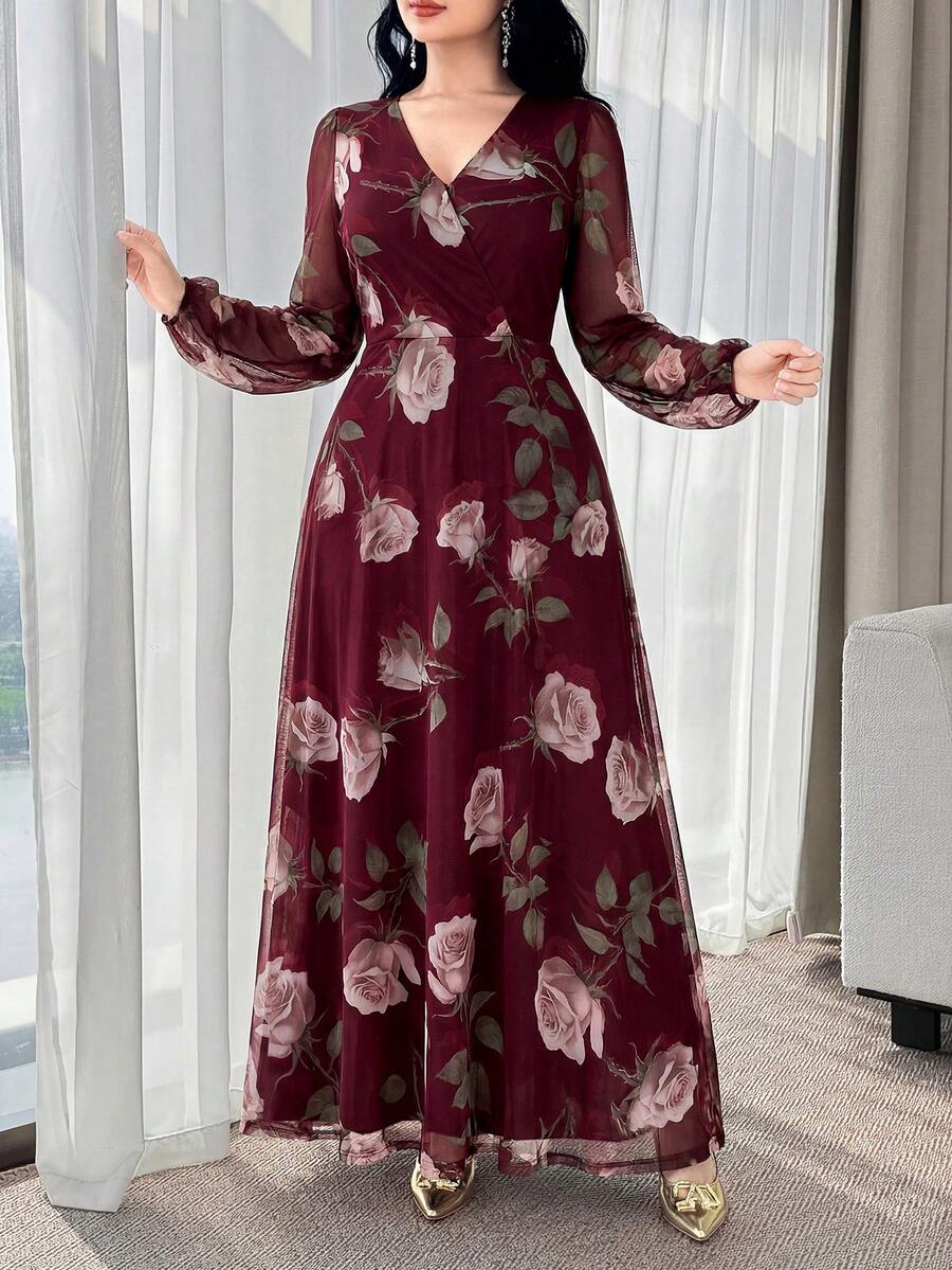 SHEIN فستان عنابي أنيق بخصر مشدود جذاب