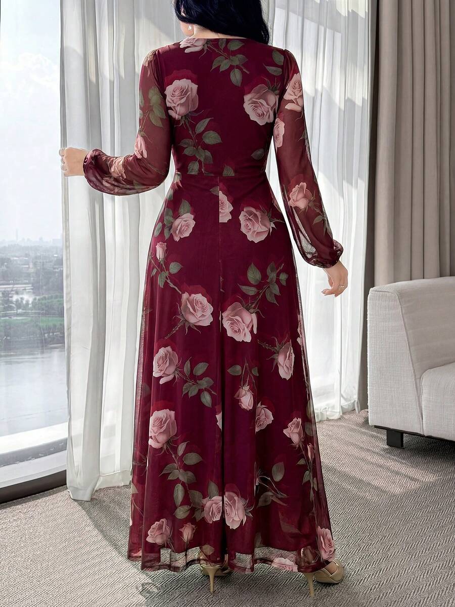 SHEIN فستان عنابي أنيق بخصر مشدود جذاب