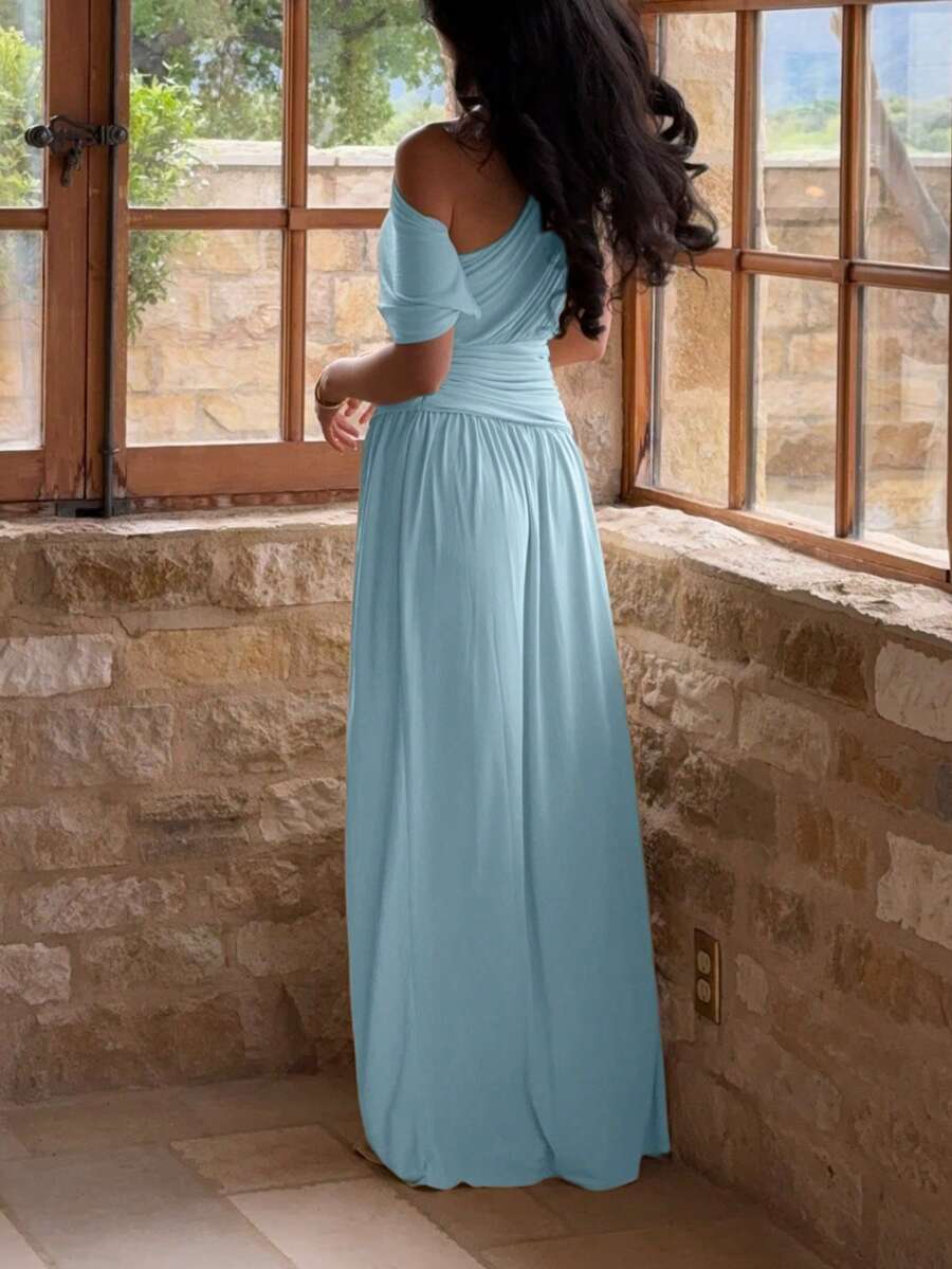 SHEIN فستان طويل مطوي بياقة مائلة بلون أزرق أنيق